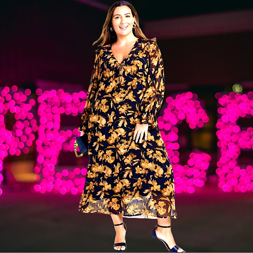 🆕A New Day Women’s plus-size Black & Brown Floral Poet-sleeve Midi Dress❤️❤️3X